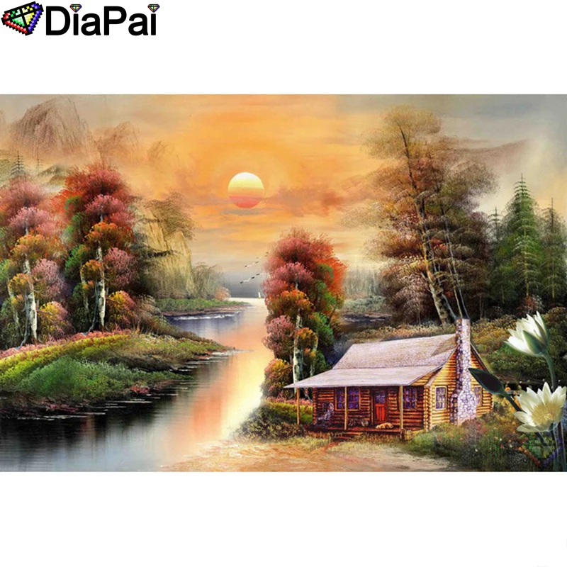 

DIAPAI Diamond Painting 5D DIY 100% Full Square/Round Drill"House sunset scenery"Diamond Embroidery Cross Stitch 3D Decor A24404