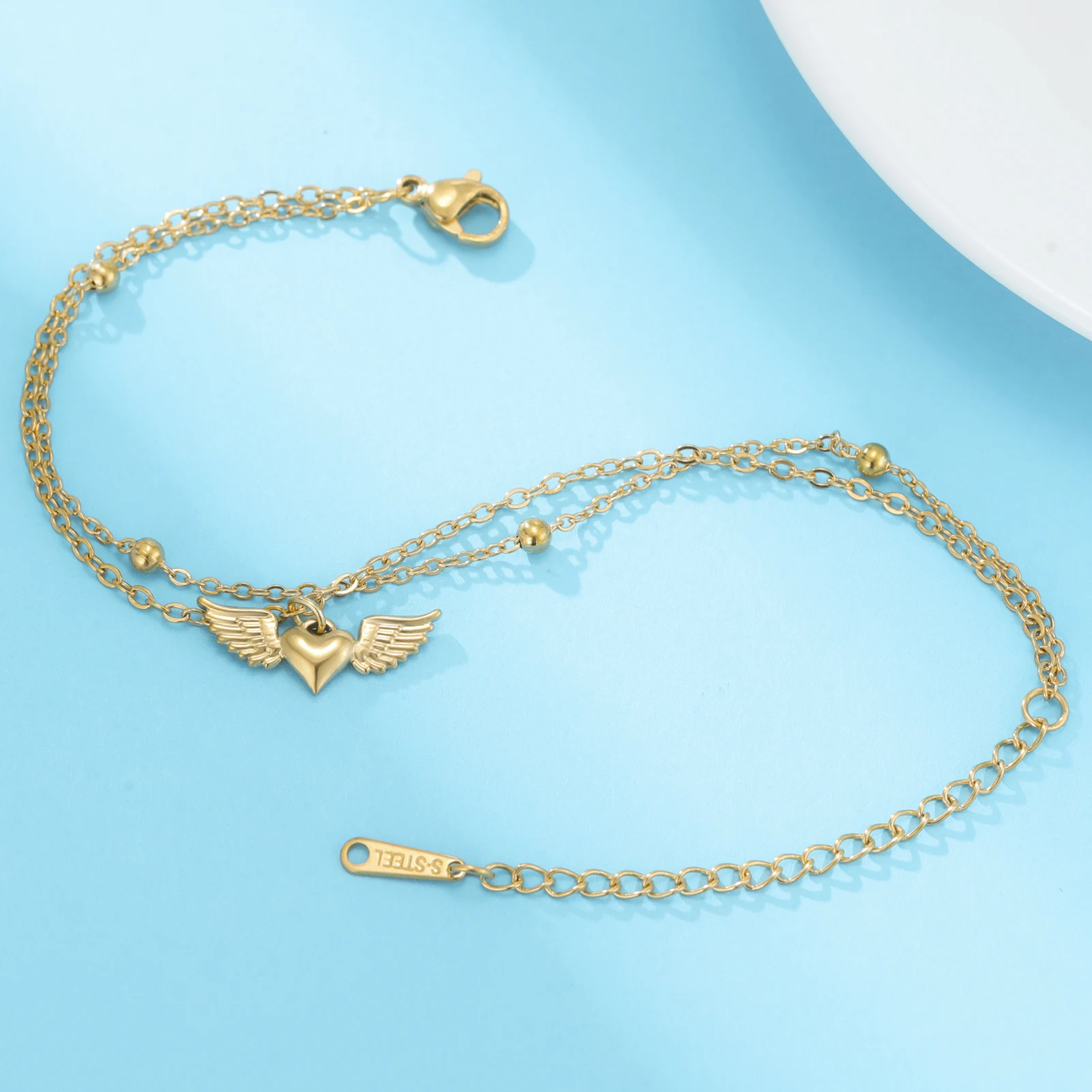 Liebesflügel-Armband, Engelsflügel, herzförmiges, doppellagiges Perlenkettenarmband für Damen, Edelstahl, modischer Liebesschmuck
