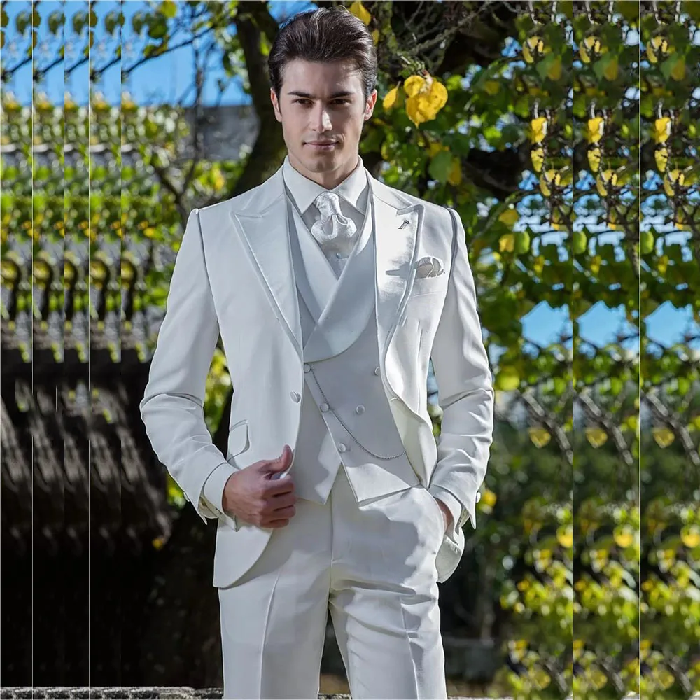 Fashion White 3 Piece Men's Suits Elegant Wedding Slim Fit Jacket Pants Vest Full Sets High Quality Customized Male Clothing