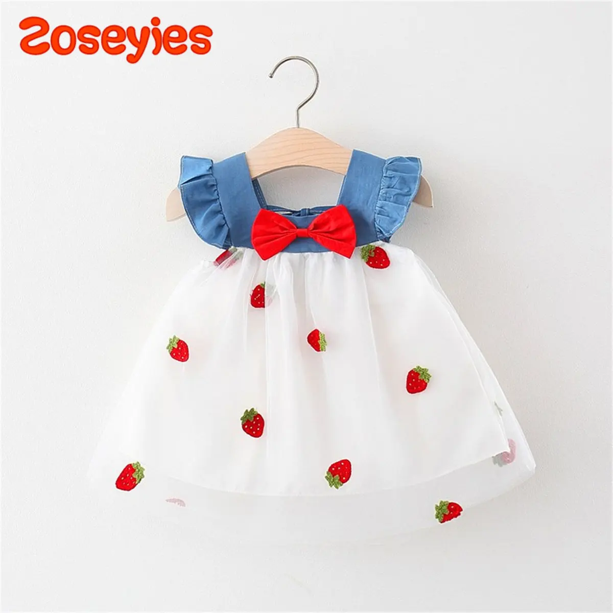 Summer New Baby Girls Dress Small Sleeve Chest Bow Ribbon Strawberry Backless Square Neck Sweet Princess Dress