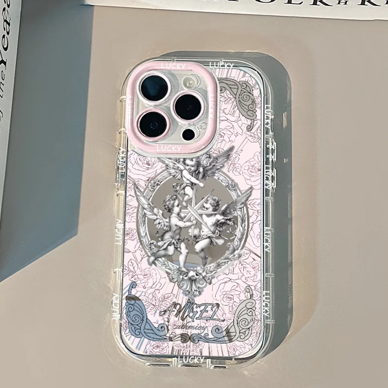 

Ins Creative Cute Retro Angel With Mirror Phone Case For iPhone 11 12 13 14 15 16 Pro Max Plus Shockproof Back Cover Y2k Girl
