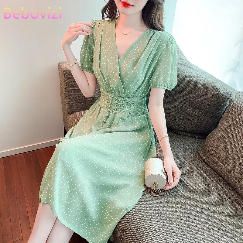 Retro Elegant V-Collar Polka Dot Slim Waist Dress 2023 Summer New Casual Short Sleeve Midi Dresses Women Clothes