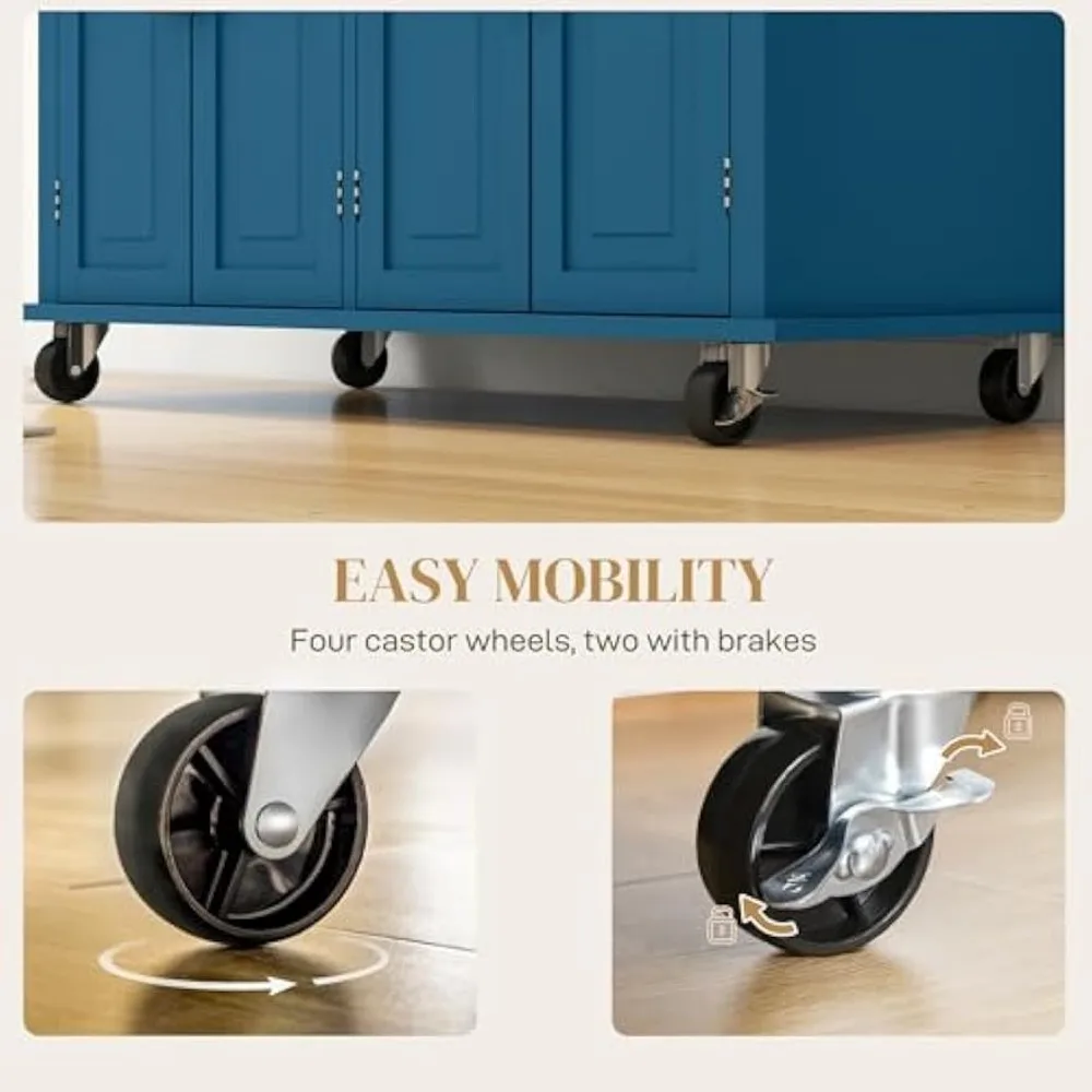 Kitchen Island on Wheels, Rolling Cart with Rubberwood Top, Spice Rack, Towel Rack and Drawers for Dining Room, Turquoise