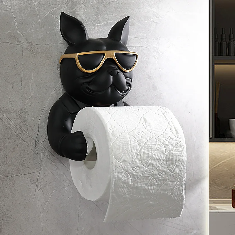 Harz Bulldog Figur Rolle Papier Rohr Küche Badezimmer Wandbehang Perforiert Multifunktionaler Taschentuchhalter