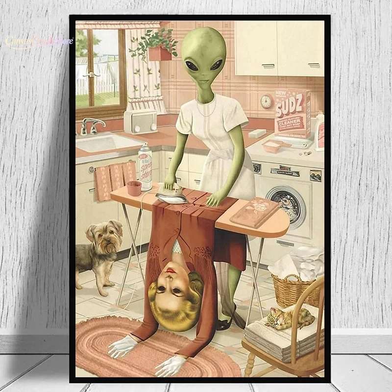 Funny Alien Do Laundry Poster Canvas Painting Laundry Day Wall Art For Washing Drying Room Home Decoration Picture 2026