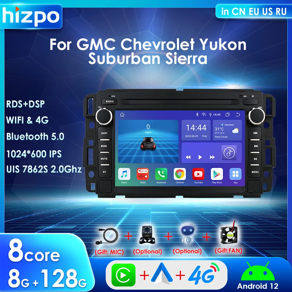 Radio Multimedia para Auto Hizpo de 7 Pulgadas con Android Auto y Carplay, GPS para GMC Yukon, Chevrolet Buick Enclave, Acadia, Equinox, Estéreo 2din