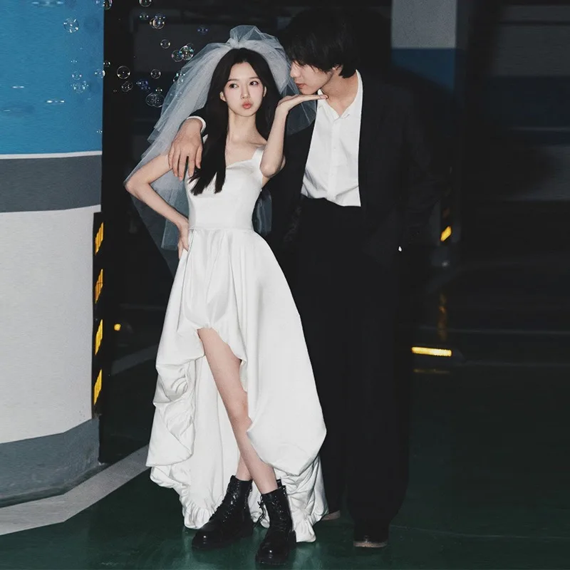 GIYSILE Abiti da sera eleganti senza maniche in raso corto semplice bianco da sposa leggero con scollo quadrato alla moda personalizzato