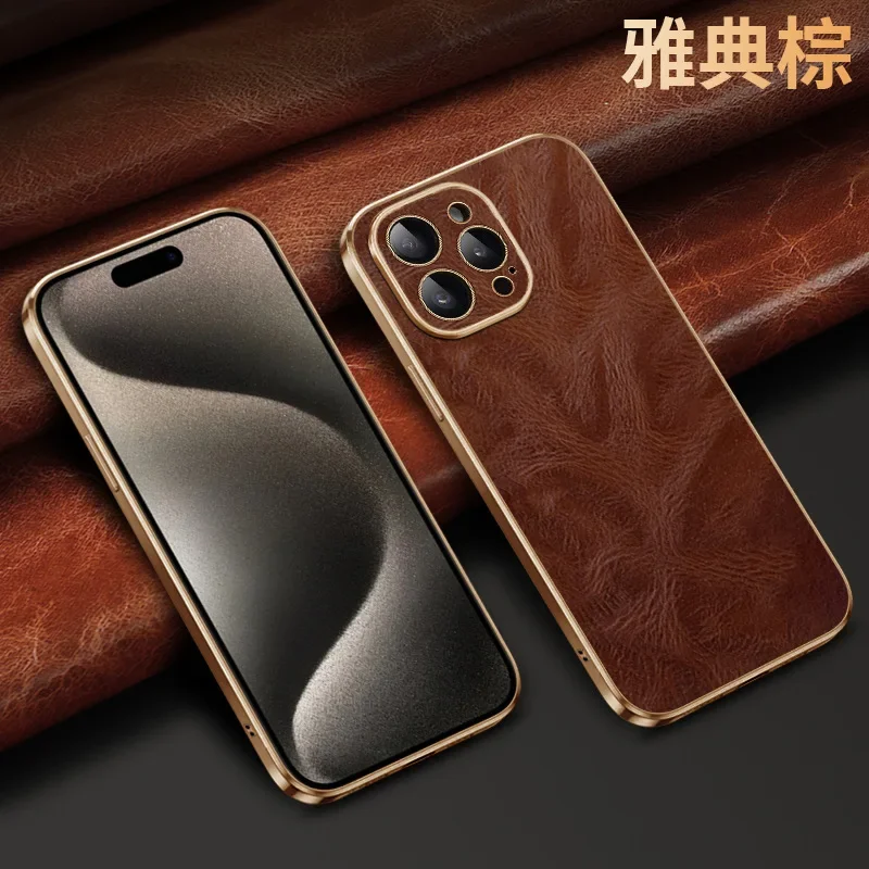 

Genuine Oil Wax Leather Phone Case for iPhone 16 ProMax 15 14 13 12 11 Plus Luxury Soft Edges Shockproof Camera Protection Cover