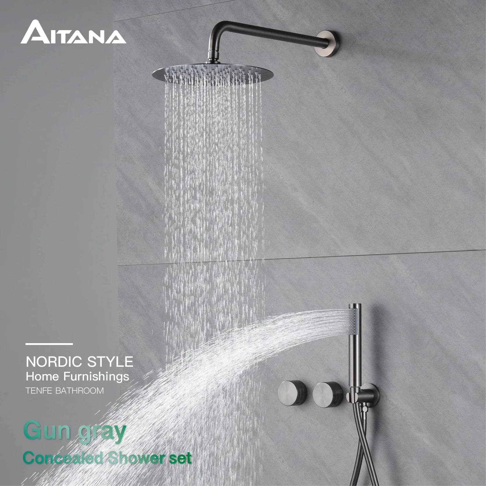 

Luxury Gun Gray Brass Bathroom Shower System Concealed Design Dual Handle Cold And Hot Dual Control Dual Function Shower Set