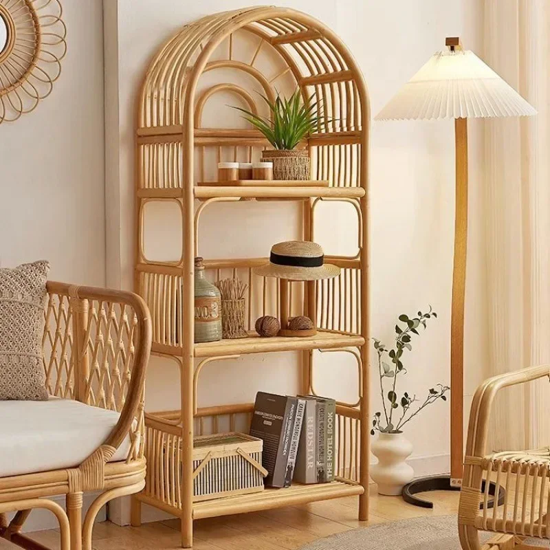 Nordic ins rattan weaving shelves, floor-to-ceiling bookshelves, multi-layer storage shelves, living rooms, household Japanese d