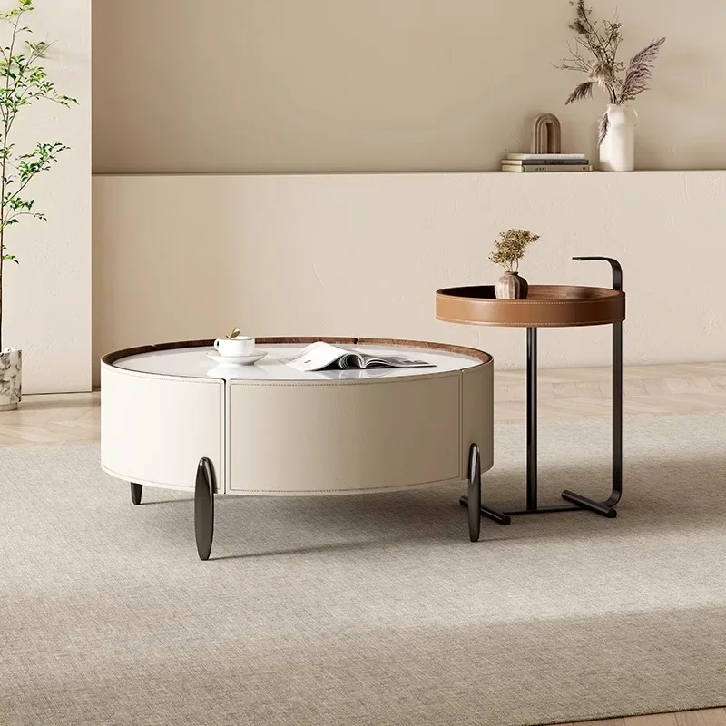 طاولة قهوة إيطالية مستديرة من البلاط الصخري مزيج بسيط من الجلد الصلب والخشب الصلب