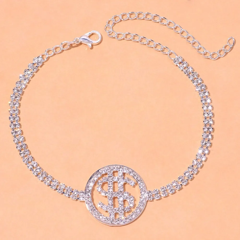 

New Fashion Jewelry Personalized Bling Crystal Money Ankle Bracelet Double Layer Rhinestone Chain Dollar Beach Anklet