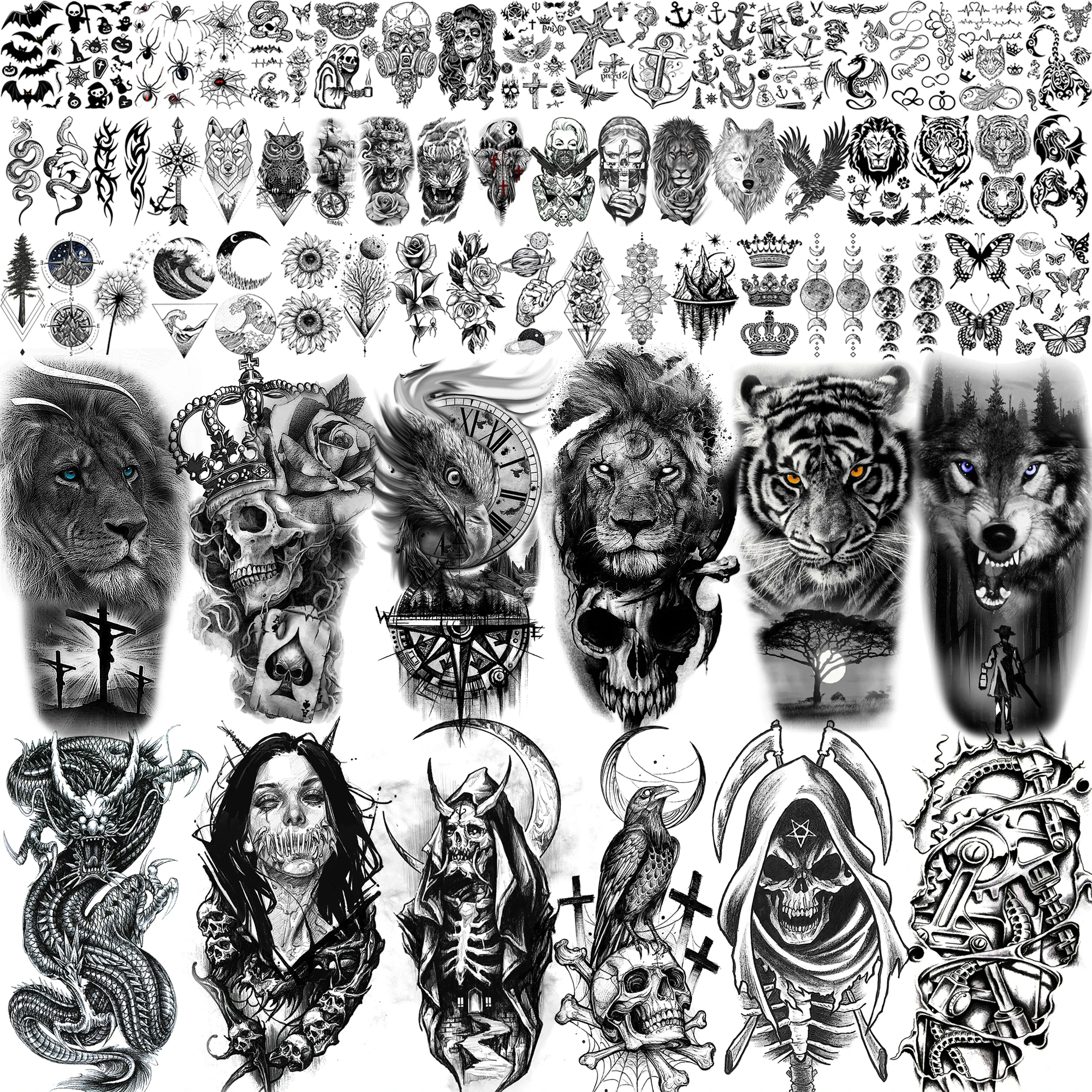 

66 листов черный орел дракон временные татуировки для мужчин женщин, страшный Хэллоуин тигр лев дьявол череп поддельные наклейки для взрослых