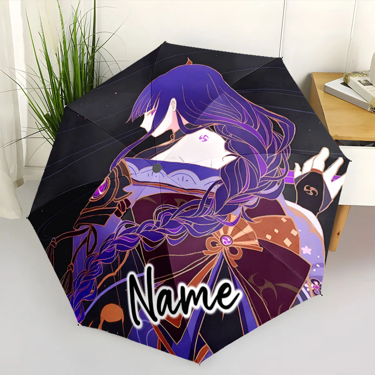 Custom Name Umbrella Anime Character Umbrella with Purple Design Print 8 Iron Ribs Folding Umbrella Auto-Open Fashion Sunshade