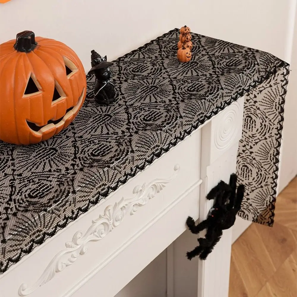 

Black Color Halloween Table Runner Lace Material Long Length Spider Web Table Runner Gothic Style Cobweb Tablecloth Table Decor
