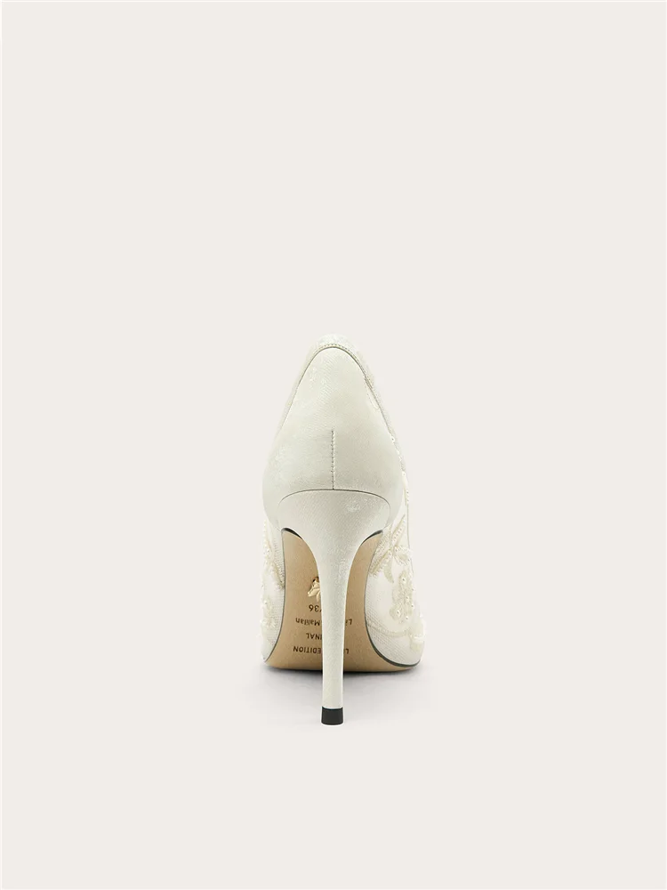 Spring and summer pointed shallow mouth embroidered pearl wedding shoes banquet big size small size slim high-heeled women shoes view 5