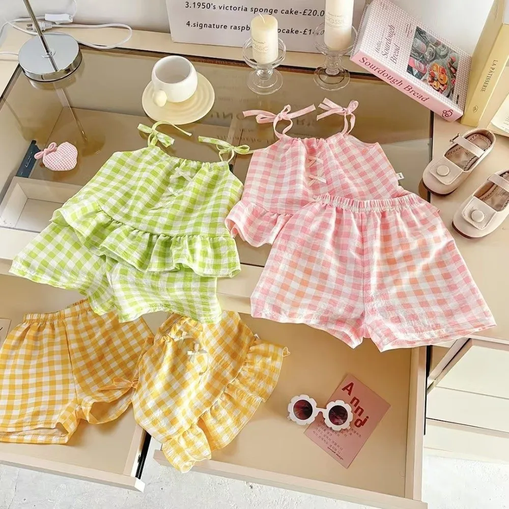 Fashion Princess Girls Kids Sling Shorts Set Bow Sweet Strap Suits Thin Waistcoat Skirts Summer