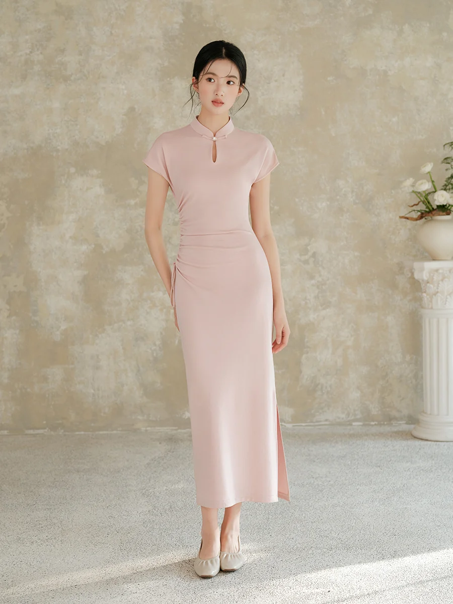 ChuChan Nuevo Vestido de Punto Estilo Chino para Mujer, Cuello Alto con Diseño de Gota de Agua, Ajustado, Rosa, para Ceremonia de Compromiso, Cheon...