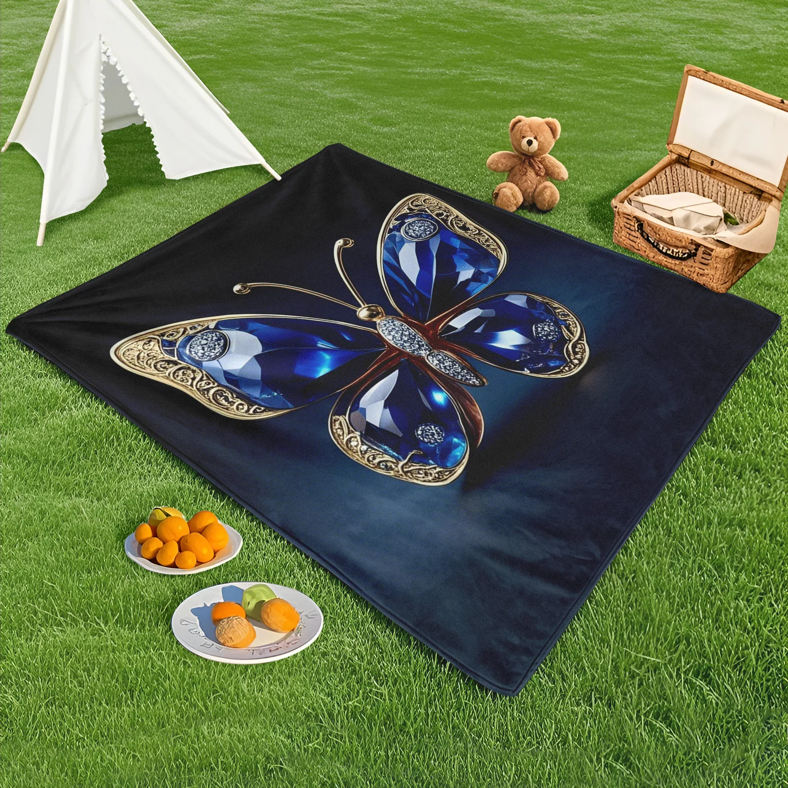 Vlinderblauwe edelsteen geïnspireerde buitendeken voor creatieve ontspanning en gezellig comfort in de natuur