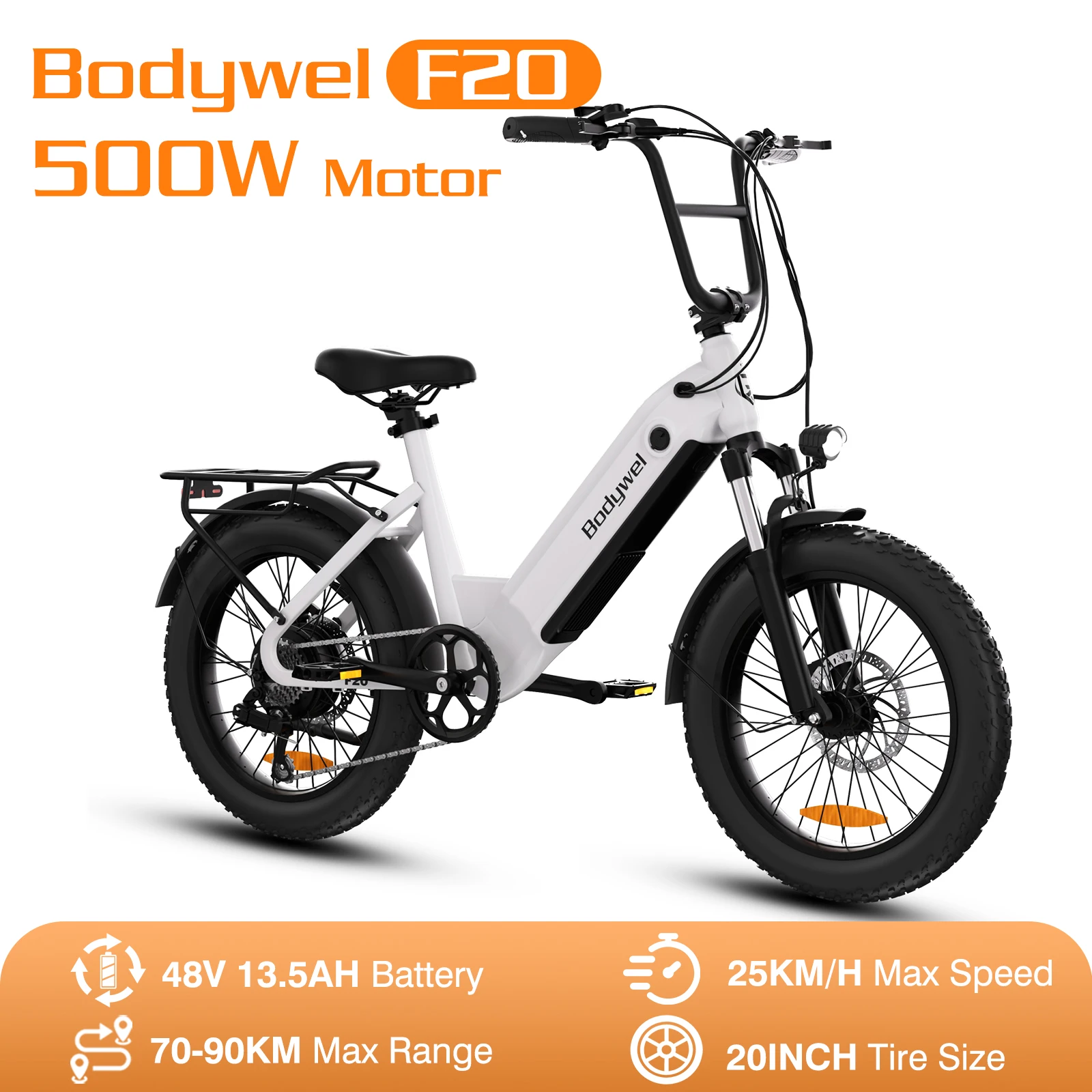 Rower elektryczny Bodywel 20'' z grubymi oponami, 500W 48V13AH, elektryczny rower terenowy dla dorosłych, rower elektryczny do jazdy off-road, rower górski, motocykl elektryczny.