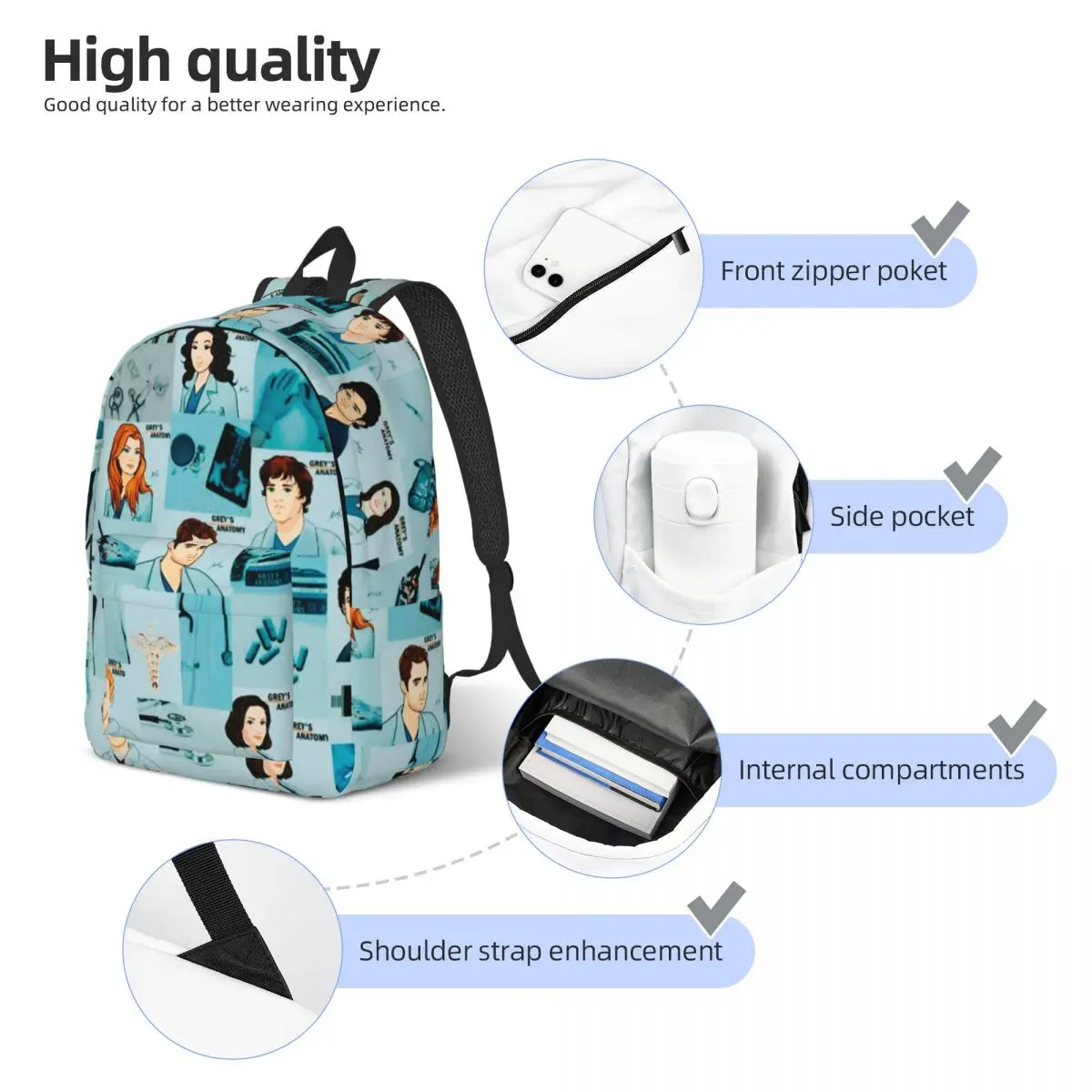 Grey's Anatomy Tv Show Cartoon Backpack for Men Women Fashion High School Business Daypack College Canvas Bags Lightweight