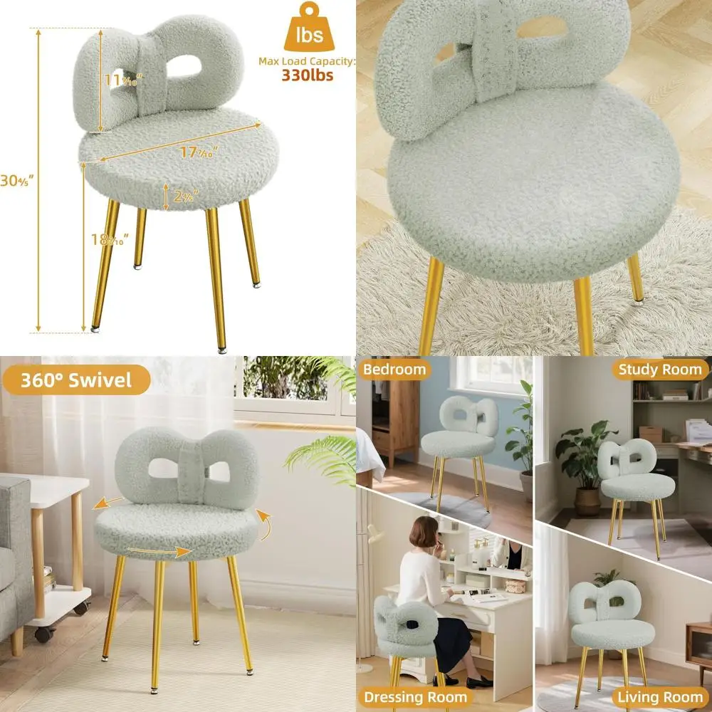 

Upholstered Swivel Vanity Chair with Backrest, Grey Modern Makeup Chair for Bedrooms and Living Spaces, Accented with Gold Legs