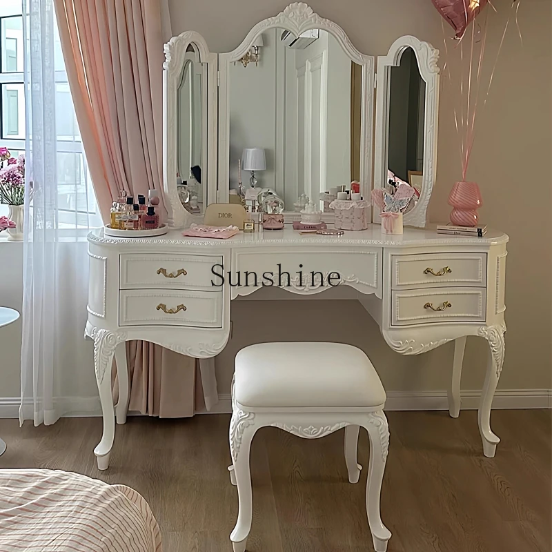 

French beige master bedroom solid wood carved princess table dresser integrated makeup mirror