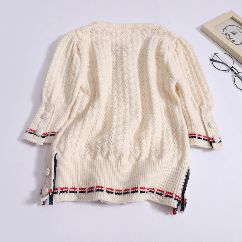 Short-sleeved sweater women's new spring knitting coat cardigan color striped ribbon design sweaters academic style