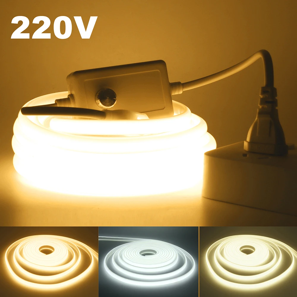 COB LED Neon Strip Light with Dimmer Switch Power Plug 220V 3000K 4000K 6000K 288 LEDs Flexible Warm White 5m 10m 20m 30m 0.5m