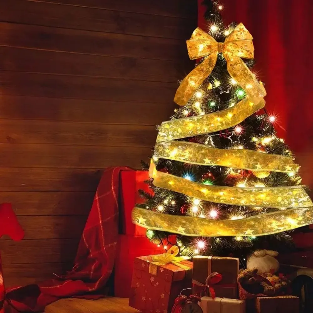 1PC 5M/10M Christmas battery box gold ribbon light string,excluding battery,used for Christmas tree,balcony,gift box decoration
