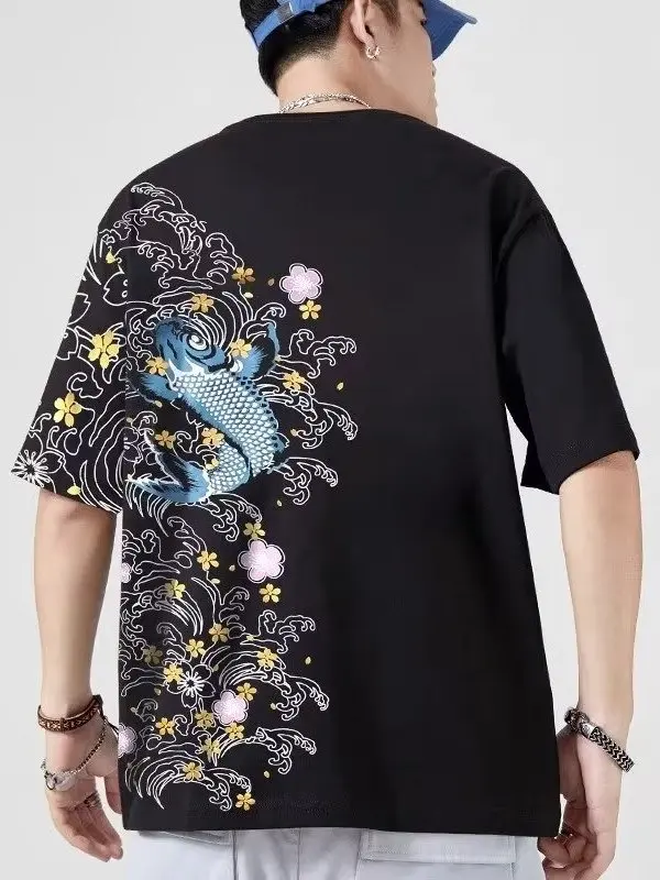 

Летняя новинка: мужская футболка с вышивкой карпа кои, круглый вырез, 100% хлопок, модная, универсальная, молодежная.