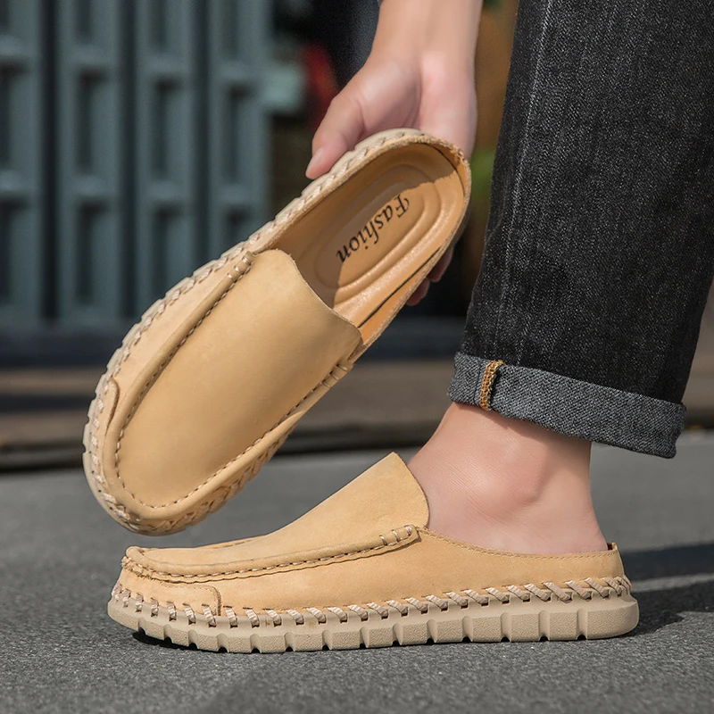 Big Size 47 Mules Men Backless Casual Shoes Open-back Loafers Slippers Genuine Leather Outdoor Light Half Shoes Slides Sandal