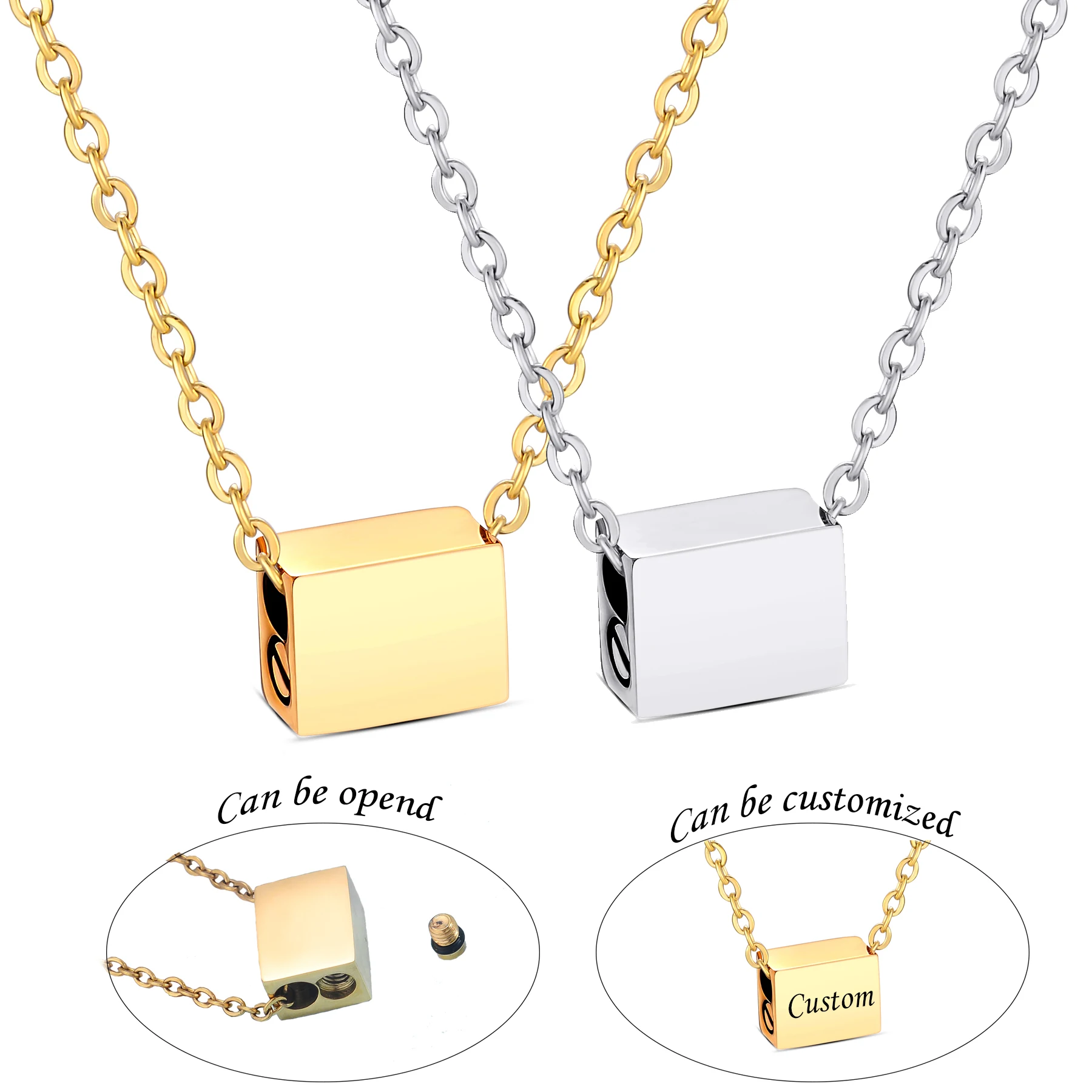 

Stainless Steel Cube Urn Pendant Necklace Memorial Cremation Ashes Customed Engraved Keepsake Jewelry Gift for Women Men
