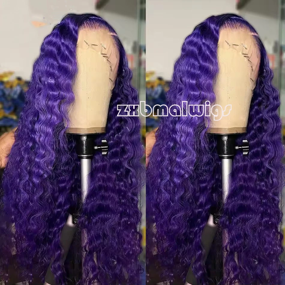 

ZXBMALWIGS Синтетические волосы 13x4 Парик фронта шнурка Вьющиеся темно-фиолетовые парики Бесклеевое термостойкое волокно Парик шнурка Косплей Волокно