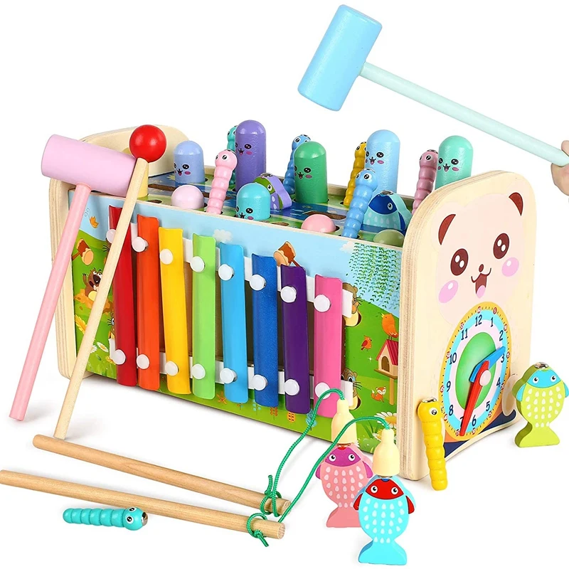 

Wooden Hammering Pounding Educational Toy With Fishing Game Xylophone Moving Gears Clock Fine Motor Skills Toys