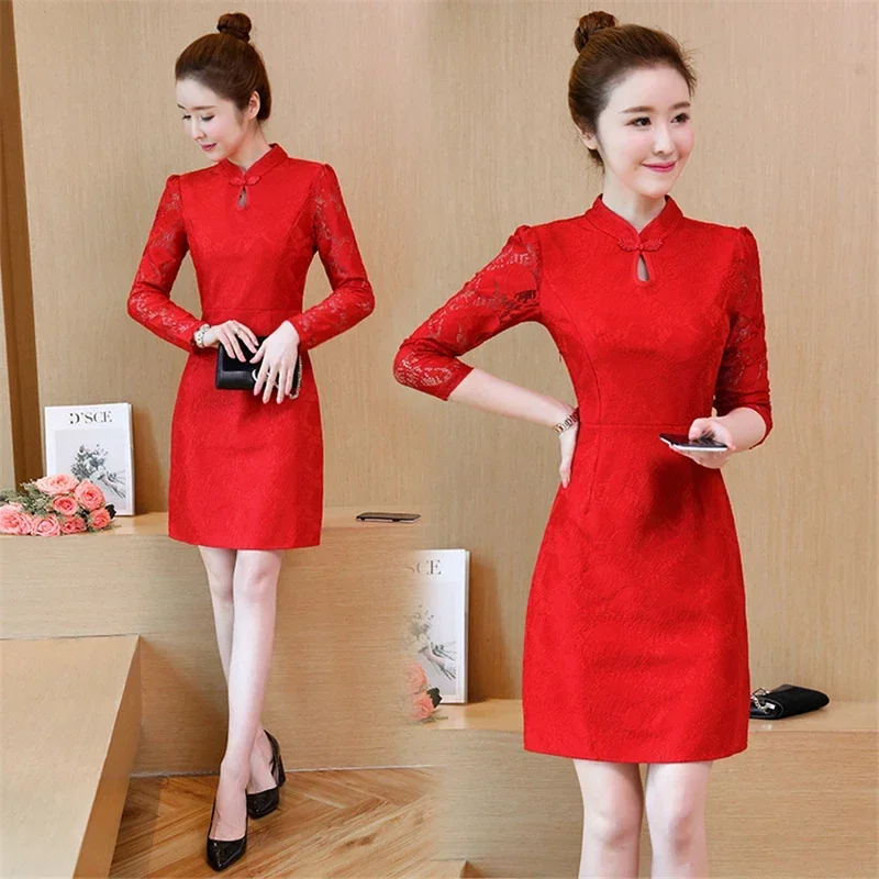 Vintage Women Cheongsam Retro Traditional Chinese Style Lace Long Sleeve Qipao Elegant Oriental New Year Evening Dress MN9