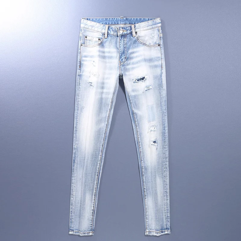 Men Bleached Light‑Blue Gradient Wash Sparse Frayed Ripped Stretch Skinny Denim Jeans Hip‑Hop Streetwear Denim Jeans y2k