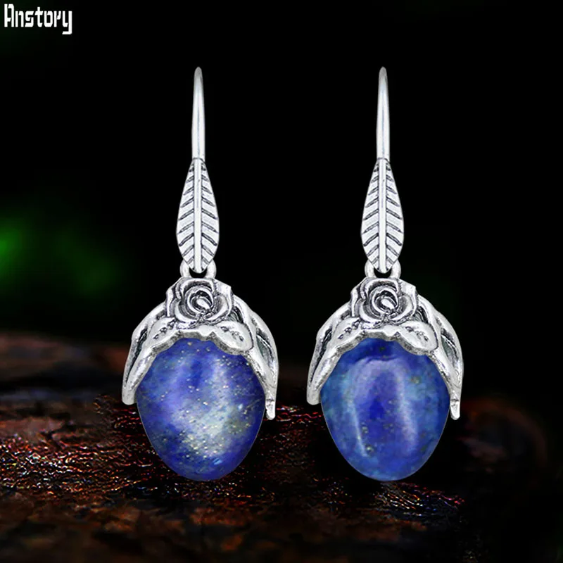 Vintage Rose Flower Pendant Natural Stone Lapis Lazuli Tiger Eye Earrings For Women Anitque Silver Plated Fashion Leaf Jewelry
