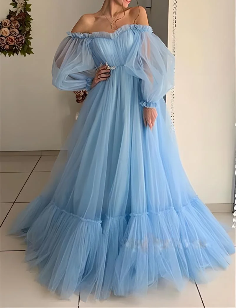 Women Elegant Off Shoulder Overlay Tulle Bridal Ball Gowns Solid Puffy Mesh Wedding Dress Long Evening Dress Large Hem Design