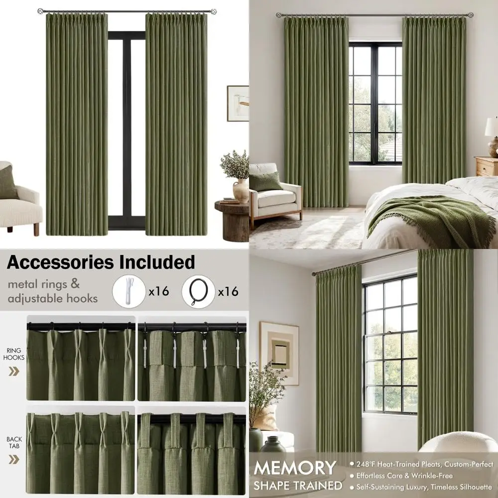 

84 Olive Green Pleated Linen Curtains, 2-Panel Set for Living Spaces, Memory Fabric Semi-Sheer Drapes with Moss Green Pleats