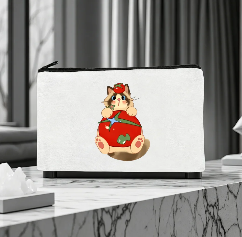 1PC Cartoon Cat Tomato Fish Graphic Plain Print Canvas Cosmetic Bag Portable Zipper Storage Pouch