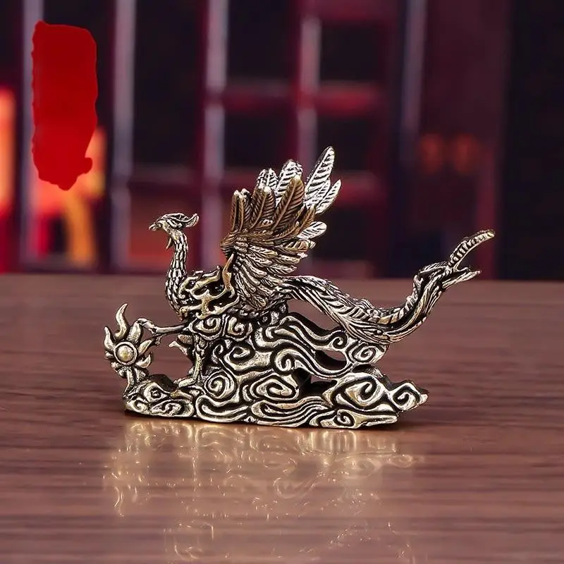 Pure Brass Phoenix Blessing Figurine; 1Pc; Beautiful Ornament for Desk or Tea Ceremony; Unique Crafted Lucky Gift