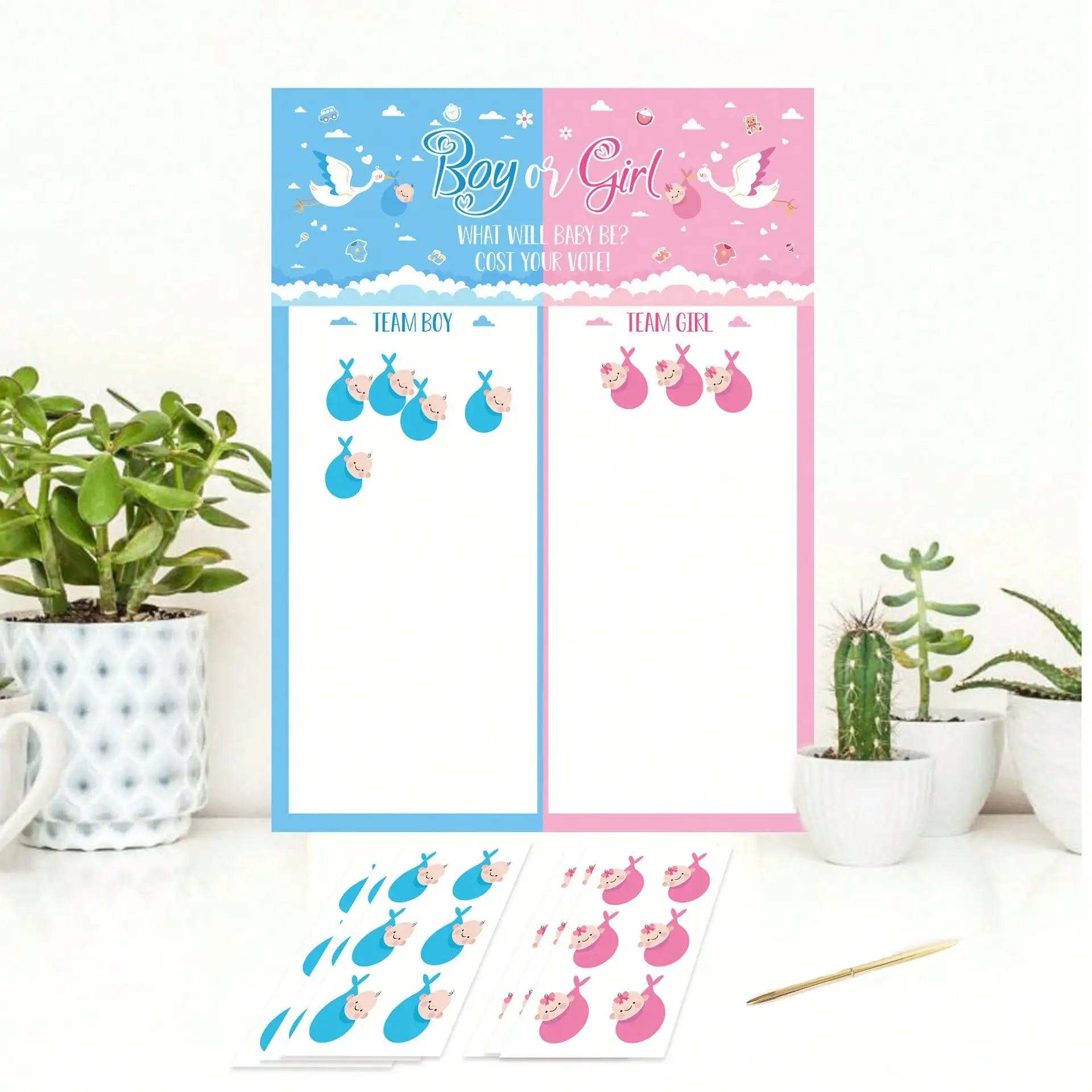 1 Set Gender Reveal Voting Board Sign, Guess The Gender Reveal Game for 36 PCs Baby Shower with Boy Girl Voting Stickers