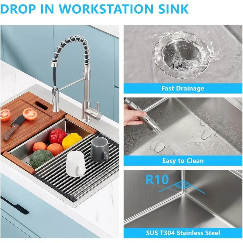 33" x 22" Stainless Steel Drop-In Workstation Sink, 18-Gauge Handmade Single Bowl Kitchen Sink with R10 Rounded Corners &