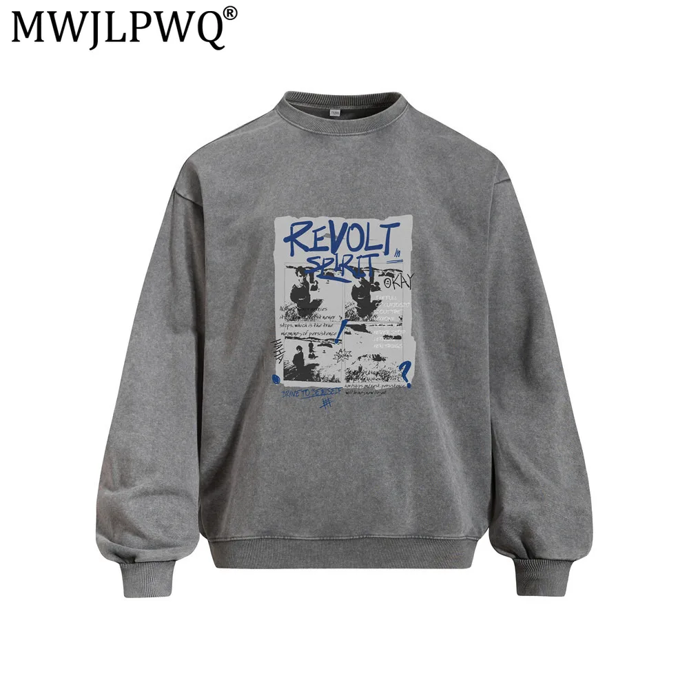 MWJLPWQ Retro-style Print Distressed Round-neck Sweatshirt Men's American Fashion Long Sleeve Heavyweight Loose Washed Top 17705