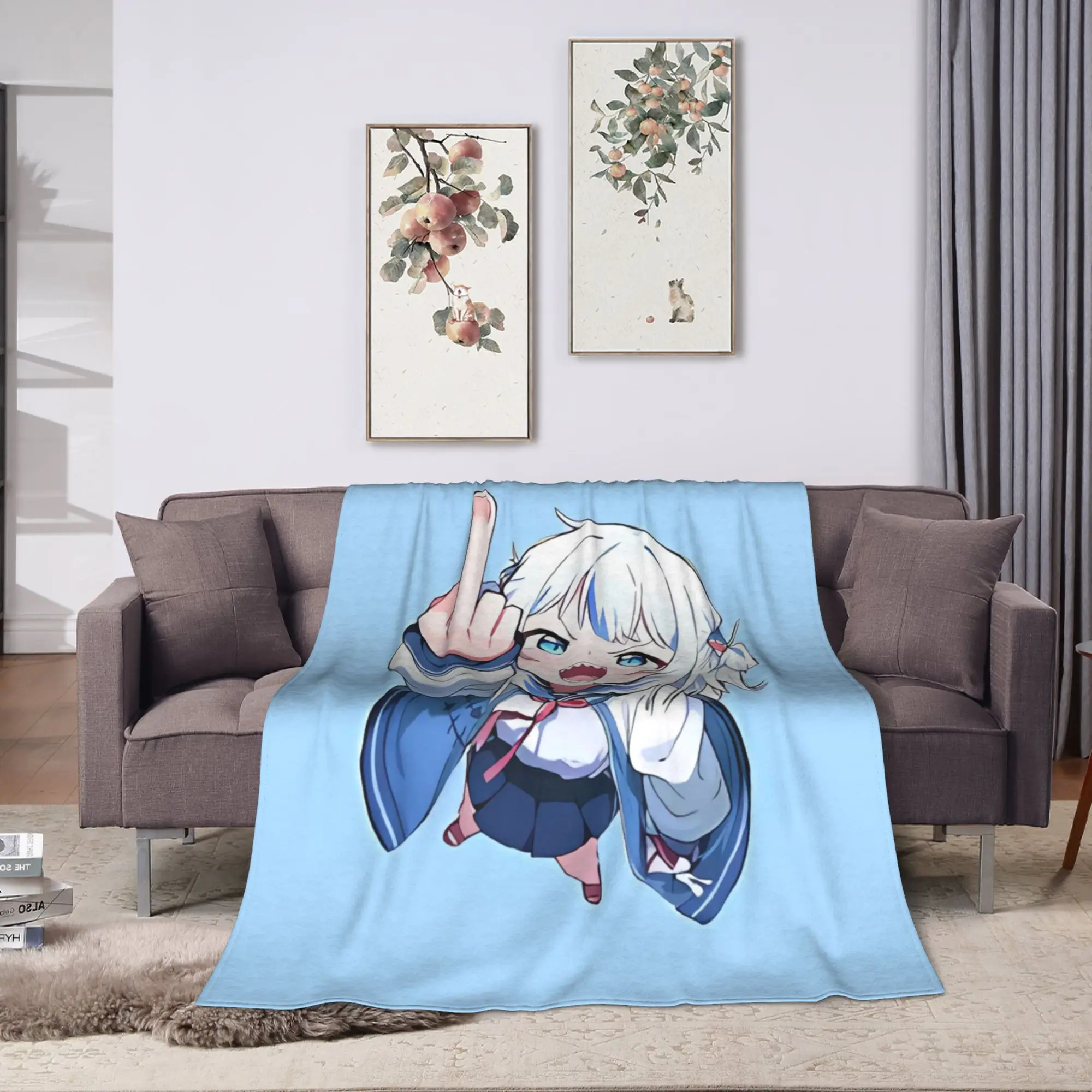 Gawr Gura Playful Hand Gesture Warm Soft Blanket  Boy Girl Plush Bedding Throws Fluffy Bedroom Flannel Bedspread Sofa Bed Cover