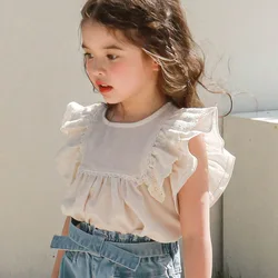 Blouses Girls Solid Color Shirt Summer Korea Childrens Clothing Fashion Round Collar Simple 2024 Sleeveless Sweet