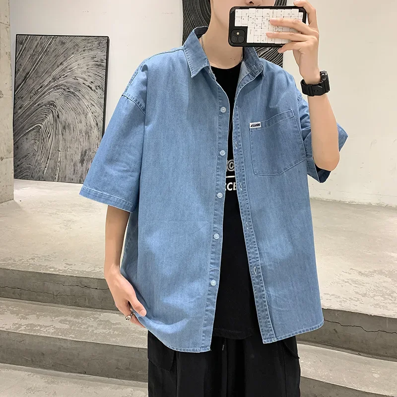 2023 Summer New Fashion Denim Short Sleeve Shirt Men Korean Fashion Retro Casual Loose Cardigan Short Sleeve Jacket Simple Style