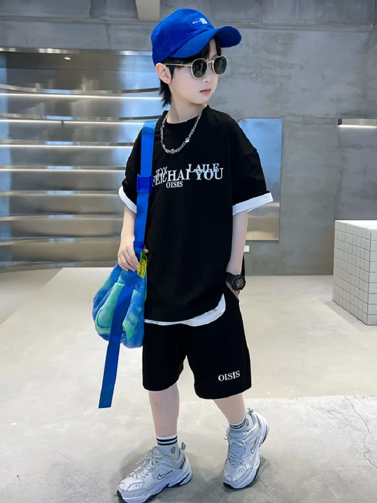 9-12Y Children Boy Summer Clothes Fashion Short Sleeve Letter Tshirt Top and Short Bottom 2pcs Outfit Teenage Casual Tracksuit