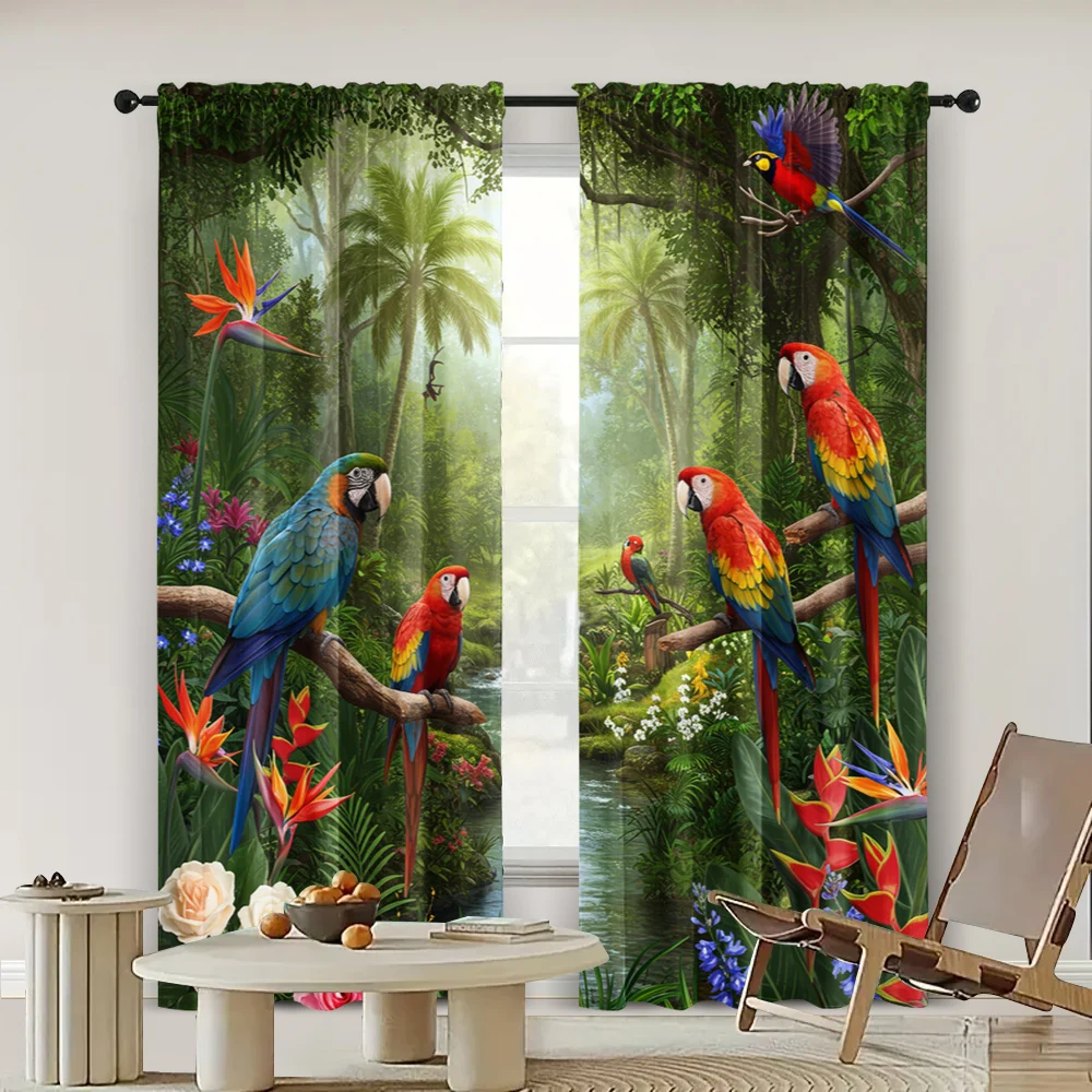 2pcs, spring summer Curtains Vibrant macaws in the rainforest Art Digital Print Drapes Durable Polyester Thermal Insulation, and